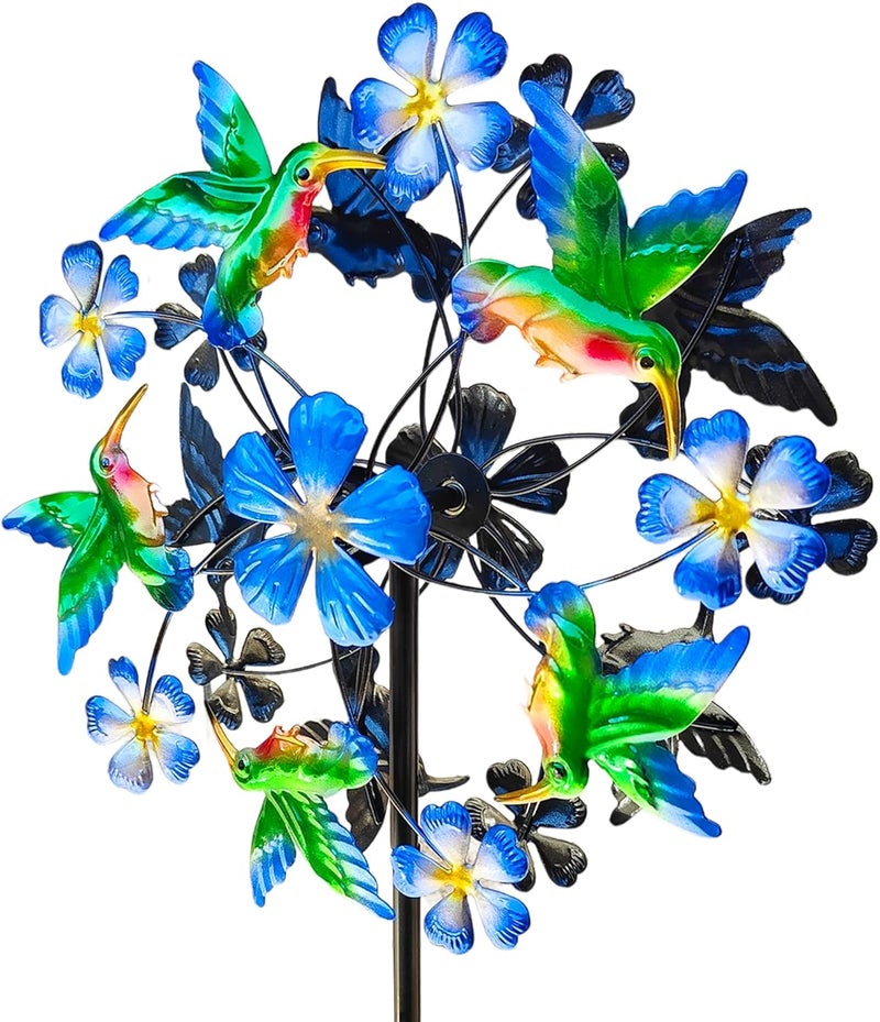 Senflame Double Blade Hummingbird Swivel Wind Spinners, Outdoor Garden Spinners 38inch Garden Stakes Decor, Metal Pinwheels for Yard and Lawn - Image 1